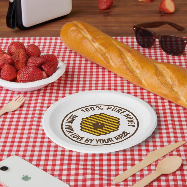Yellow honeycomb beehive print paper party plates (Picnic)
