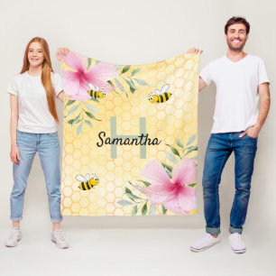 Yellow honeycomb bess pink florals name monogram fleece blanket