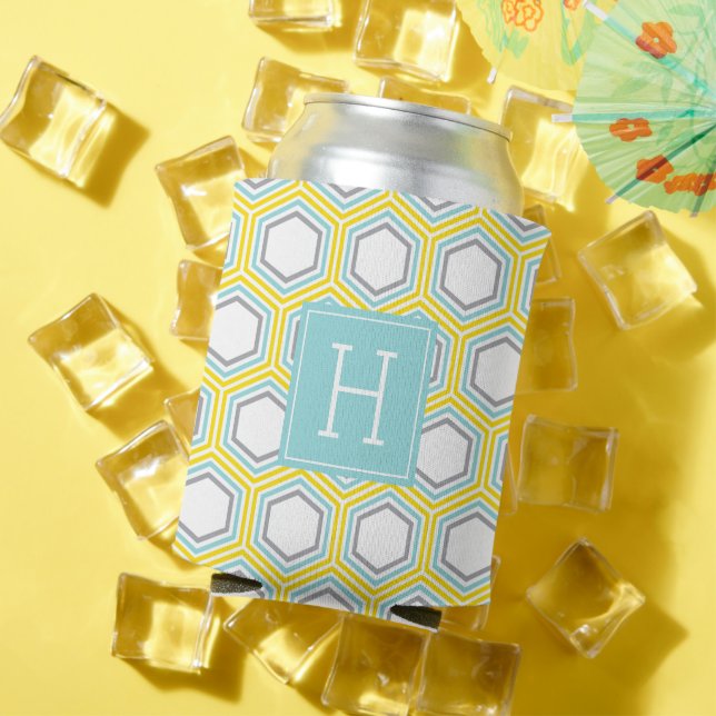 Yellow Honeycomb Pattern Monogram Can Cooler (In Situ Summer)