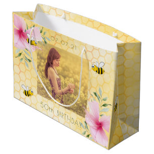 Yellow honeycomb pink florals photo 50th birthday large gift bag
