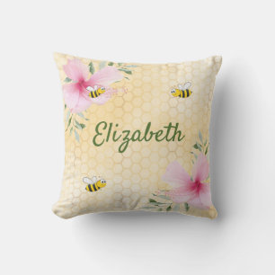 Yellow honeycomb pink flowers bees name cushion
