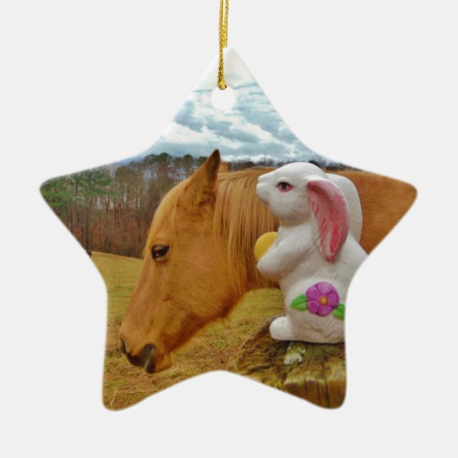 Yellow Horse, Spring Rabbit Ceramic Ornament (Front)