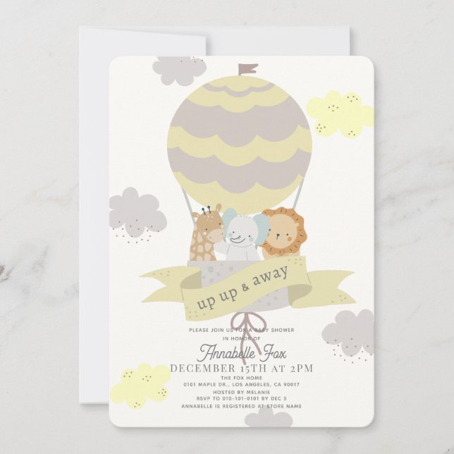Yellow Hot Air Balloon Animals Baby Shower Invitation (Front)