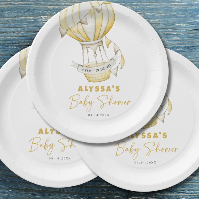 Yellow Hot Air Balloon Baby Shower Paper Plate (Creator Uploaded)