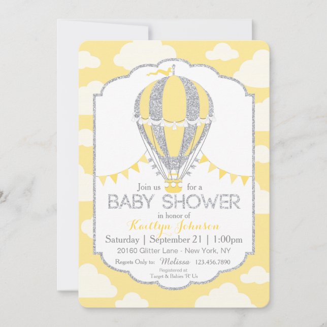 Yellow Hot Air Balloon Gender Neutral Baby Shower Invitation (Front)