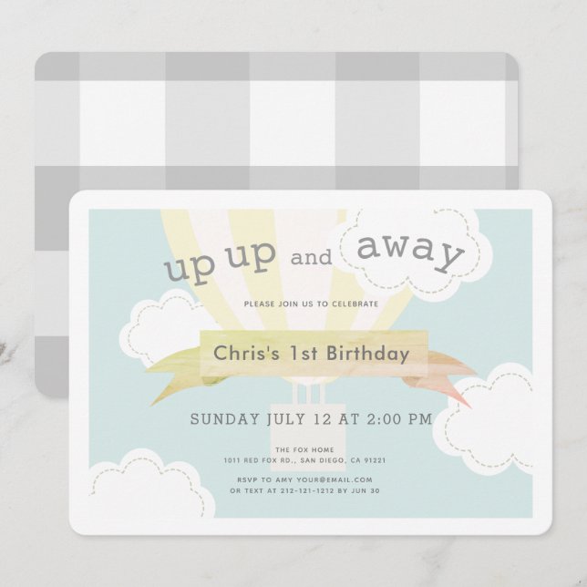 Yellow Hot Air Balloon Up Up and Away 1st Birthday Invitation (Front/Back)