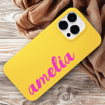 Yellow hot pink name bold script colourful Case-Mate iPhone 14 pro max case<br><div class="desc">Phone cover featuring your name in hot pink on a yellow background. A bold and colourful style.</div>