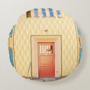 Yellow house illustration round cushion