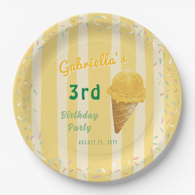 Yellow Ice Cream Sprinkle Summer Birthday Party Paper Plate (Front)