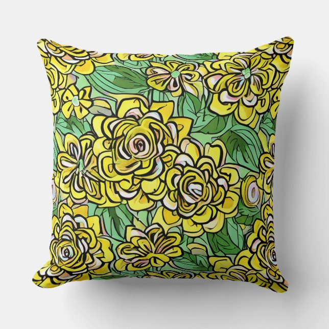 Yellow Illustration Style Floral Pattern Cushion (Front)
