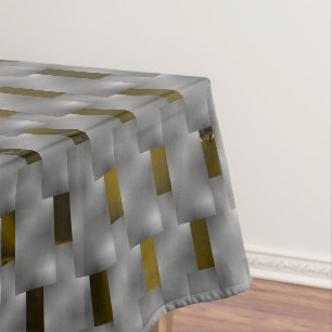 Yellow image under grey plates, oblong squares tablecloth