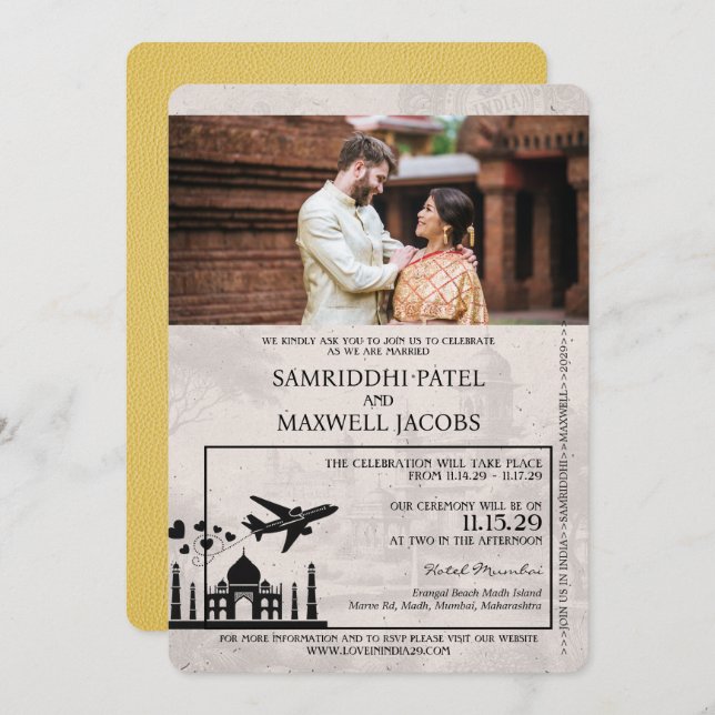 Yellow India Passport Wedding Invitation (Front/Back)