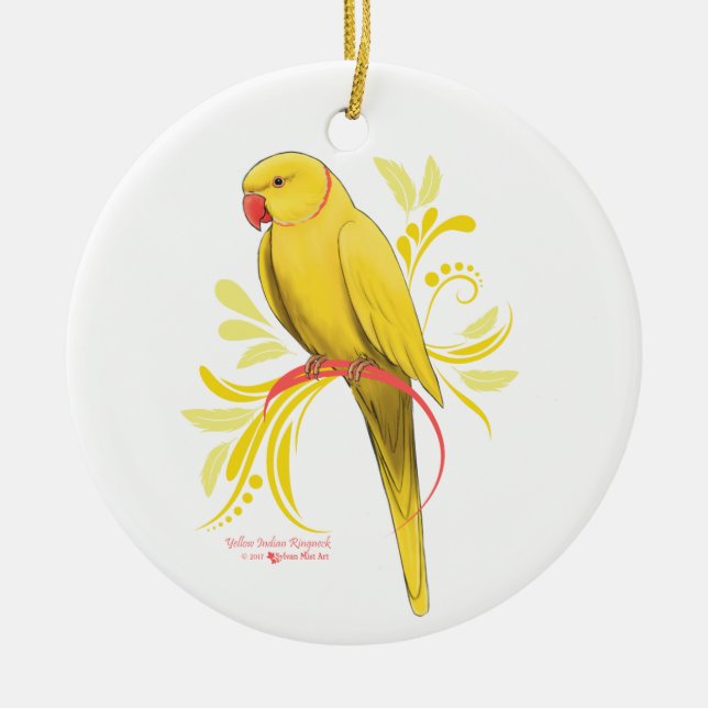 Yellow Indian Ringneck Parrot Ceramic Ornament (Front)
