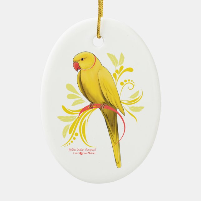 Yellow Indian Ringneck Parrot Ceramic Tree Decoration (Front)
