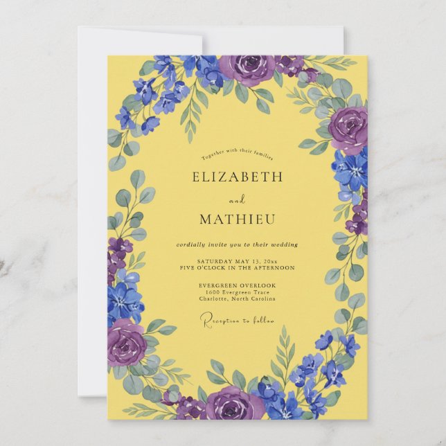 Yellow Indigo Amethyst Leafy Wedding Invitation (Front)