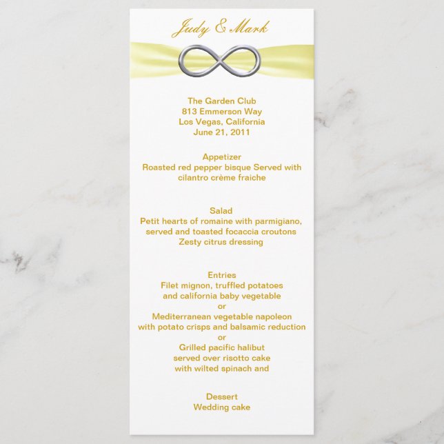 Yellow Infinity Wedding Menu Card (Front)
