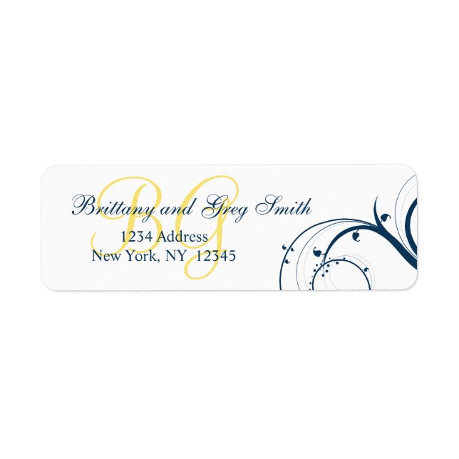 Yellow Initial, Blue Swirls Wedding Address Labels (Front)