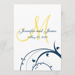 Yellow Initial, Blue Swirls Wedding Invitation
