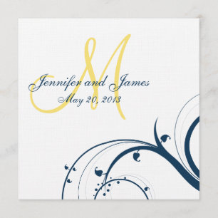 Yellow Initial, Blue Swirls Wedding Invitation