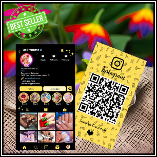 Yellow Instagram Nail Salon QR Social Media Business Card