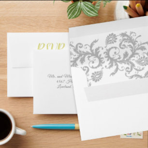 Yellow Iris and Grey Damask Wedding RSVP Envelopes