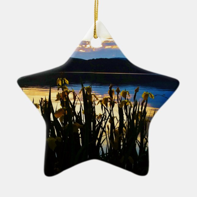 Yellow Iris at Lake Arrowhead shore Ceramic Tree Decoration (Front)
