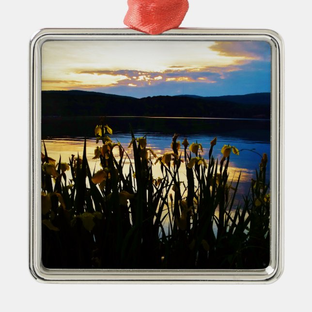 Yellow Iris at Lake Arrowhead shore Metal Tree Decoration (Front)