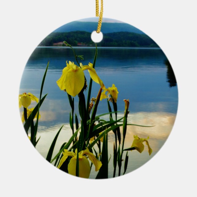 Yellow Iris at Lake Shore Ceramic Ornament (Front)