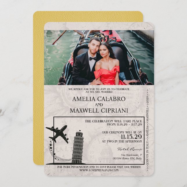 Yellow Italy Passport Wedding Invitation (Front/Back)