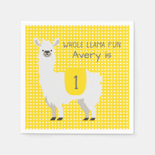 Yellow & Ivory Cute Llama Baby 1st Birthday Napkin