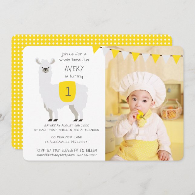 Yellow & Ivory Cute Llama Kids Birthday Party Invitation (Front/Back)