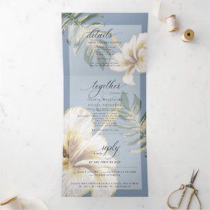 Yellow Ivory Watercolor Hibiscus Foliage Wedding Tri-Fold Invitation