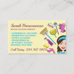 Yellow Janitorial Lady Cartoon Cleaning Washing Business Card