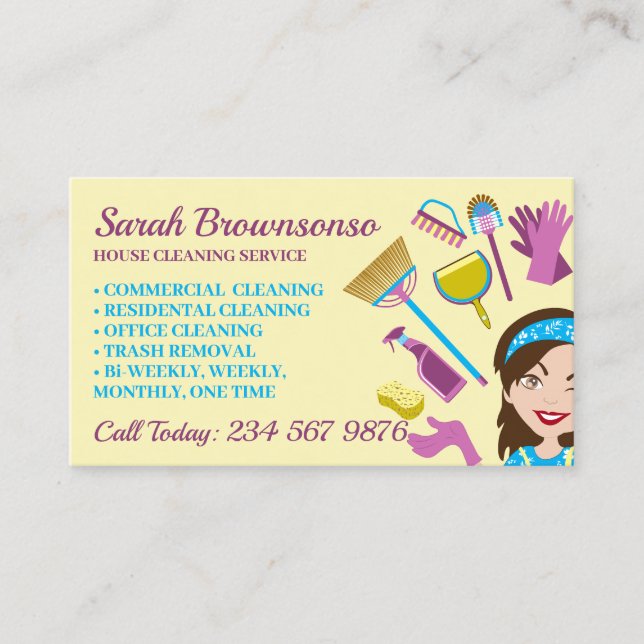 Yellow Janitorial Lady Cartoon Cleaning Washing Business Card (Front)