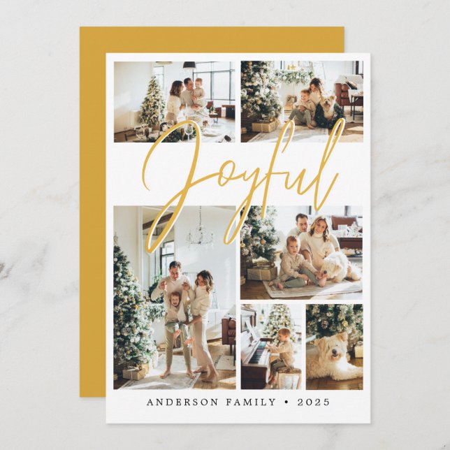 Yellow Joyful Christmas Calligraphy Family Photo Holiday Card (Front/Back)