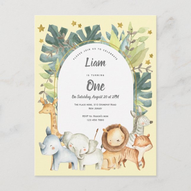 yellow, jungle animals boy or girl 1st birthday invitation postcard (Front)
