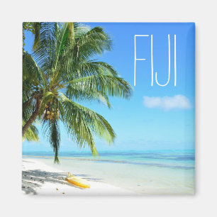 Yellow kayak on a Fiji beach square text magnet