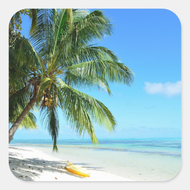 Yellow kayak on a white sand beach sticker (Front)