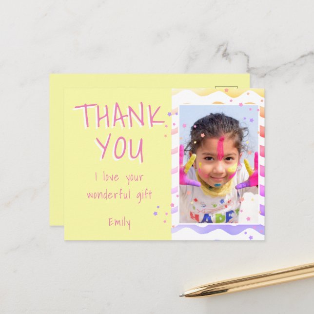 Yellow Kids Photo Girl Birthday Thank you Postcard (Front/Back In Situ)
