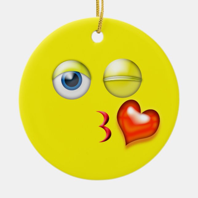 Yellow Kiss Emoji Custom Name Ceramic Tree Decoration (Front)