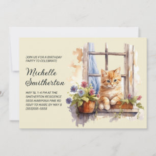 Yellow Kitten Window Flowers Birthday  Invitation