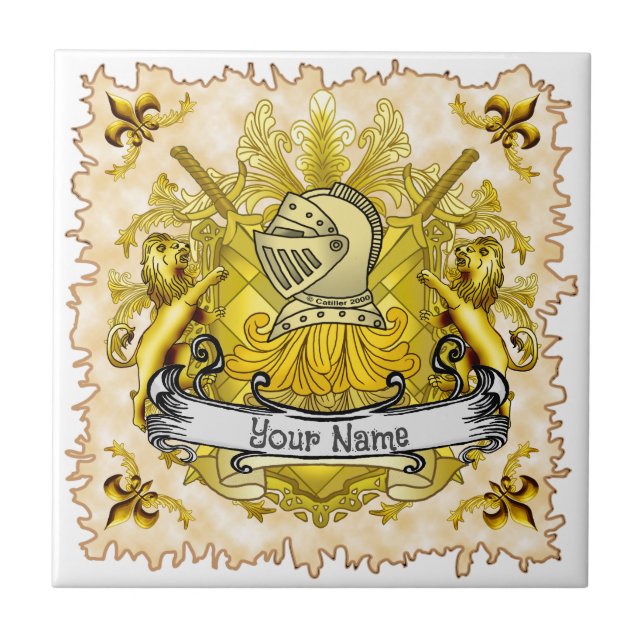 Yellow Knight Family Crest  Surname Ceramic Tile (Front)