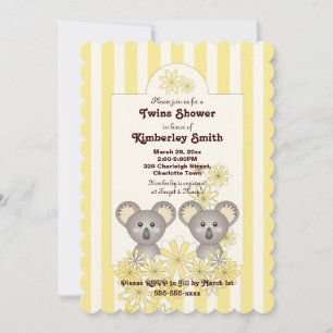 Yellow Koala Bear Gender Neutral Twins Baby Shower Invitation