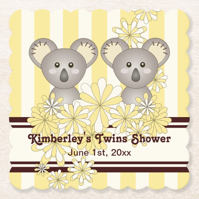 Yellow Koala Twin Baby Shower / Kids Birthday Paper Coaster (Front)