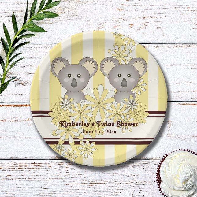 Yellow Koala Twin Baby Shower / Kids Birthday Paper Plate (Creator Uploaded)
