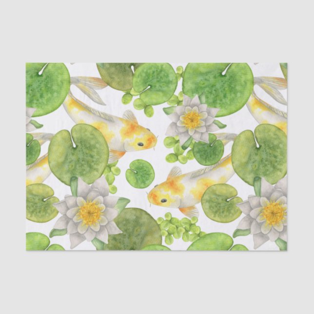 Yellow Koi Fish and White Water Lilies Pond Tissue Paper (Front)