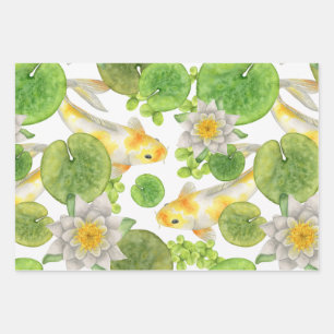 Yellow Koi Fish and White Water Lilies Pond Wrapping Paper Sheet