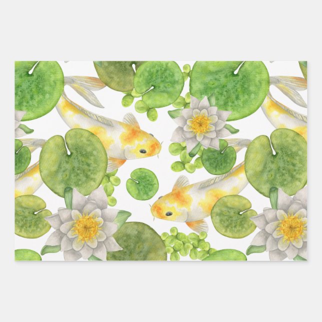 Yellow Koi Fish and White Water Lilies Pond Wrapping Paper Sheet (Front)