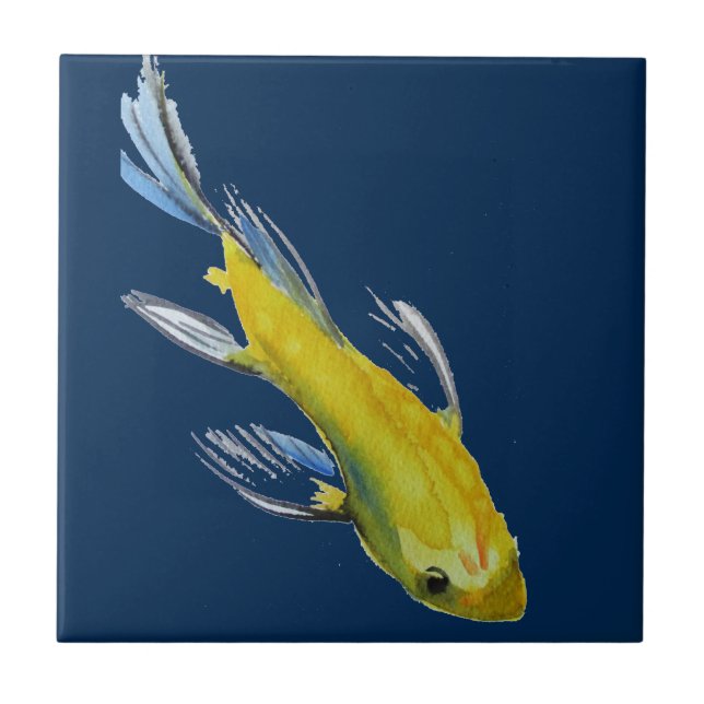 Yellow koi Japanese carp watercolour art fish Tile (Front)
