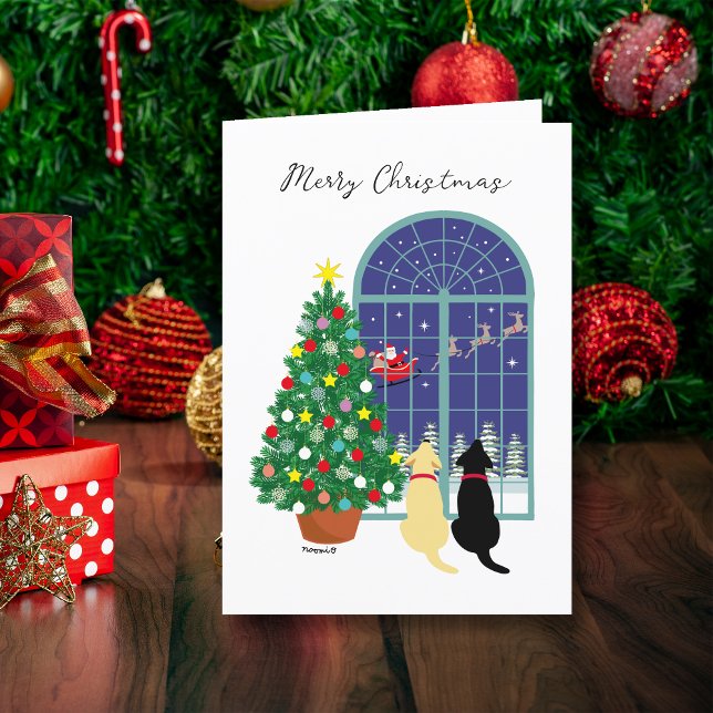 Yellow Lab, Black Lab Magical Night Christmas  Holiday Card (Yellow Lab, Black Lab Magical Night Christmas Cards.  Santa Claus in the sky.  Labrador Retriever.)
